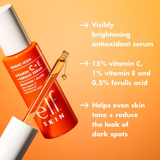 E.L.F. SKIN Bright Icon Vitamin C + E + Ferulic Serum, Brightening & Soothing Face Serum, Helps Even Skin Tone, Vegan & Cruelty-Free, 1 Fl Oz