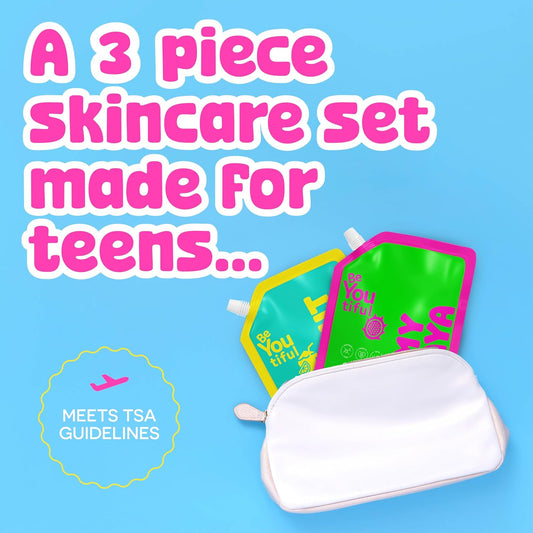 Beyoutiful 3 Step Teen Skin Care Kit, Face Wash, Face Scrub, Face Moisturizer Lotion, Skincare Routine Gift Set for Tweens and Kids in Trendy Squeeze Pouches, Vegan, for Girls and Boys