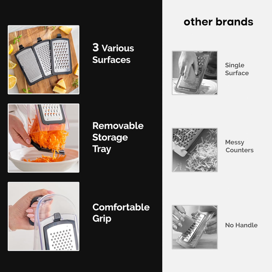 Joined Cheese Grater & Garlic Crusher Set – Box Grater with 3 Blades + Peeler
