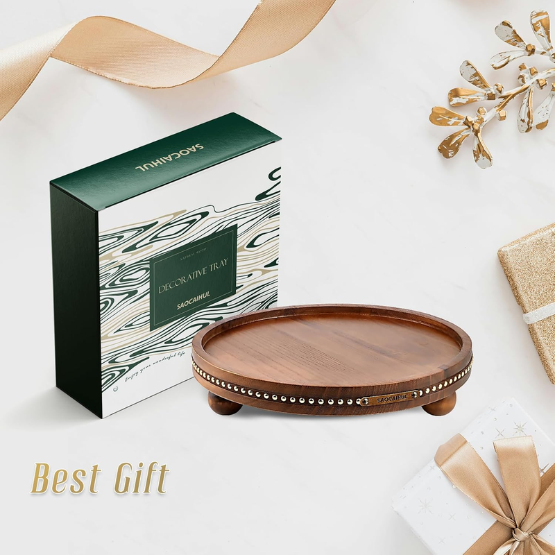 SAOCAIHUL Round Wooden Decorative Tray 11.8" – Coffee Table & Home Decor