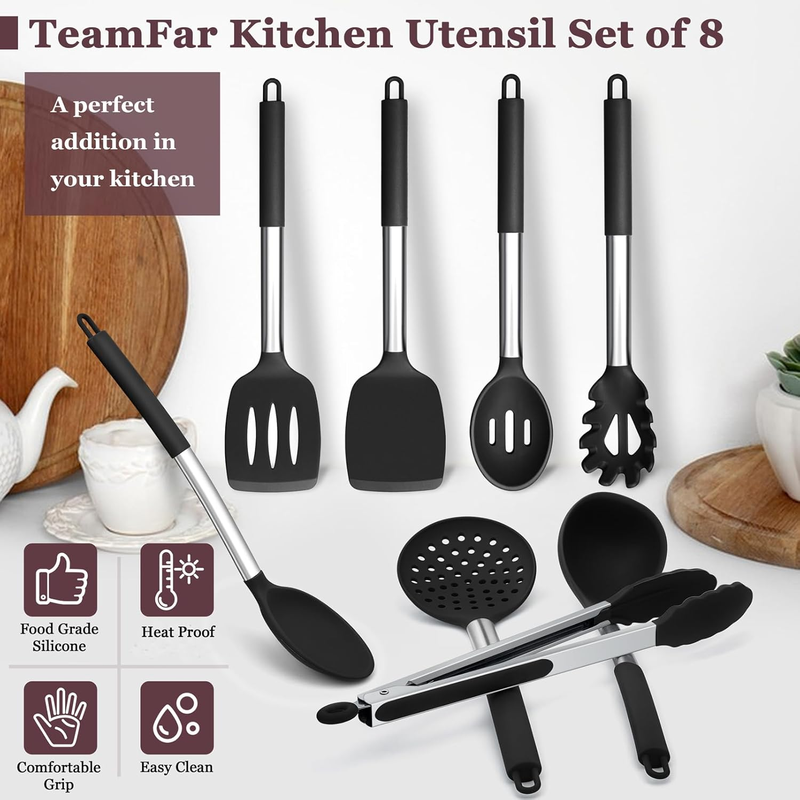 TeamFar 8-Piece Silicone Kitchen Utensil Set with Stainless Steel Handles – Black