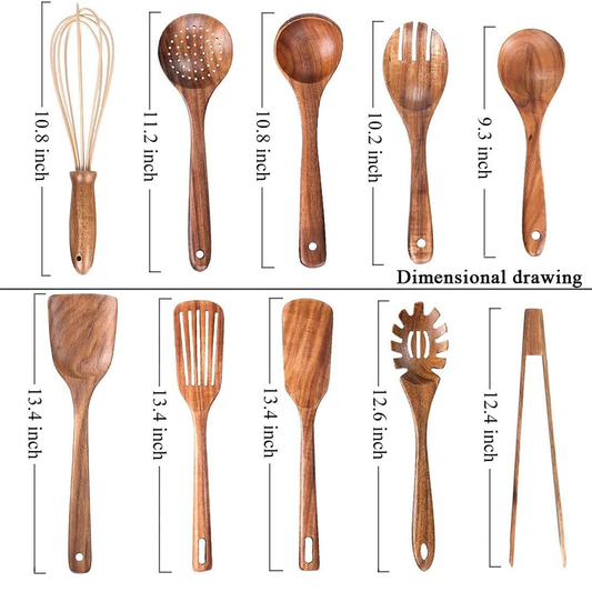 AIUHI 10 Piece Teak Wooden Cooking Utensil Set