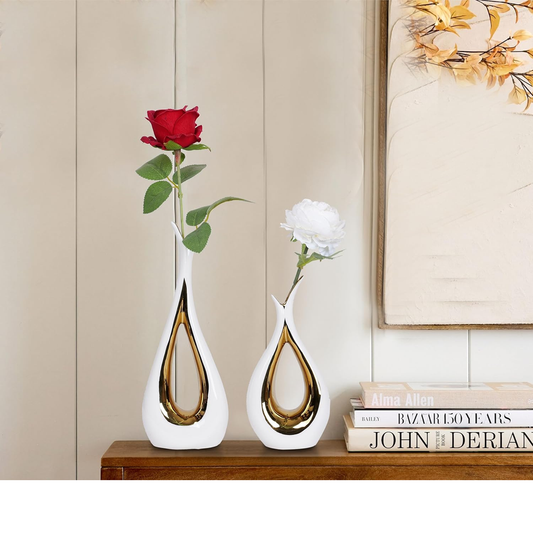 Dawbun White and Gold Ceramic Vase Set of 2 – Modern Decorative Centerpieces