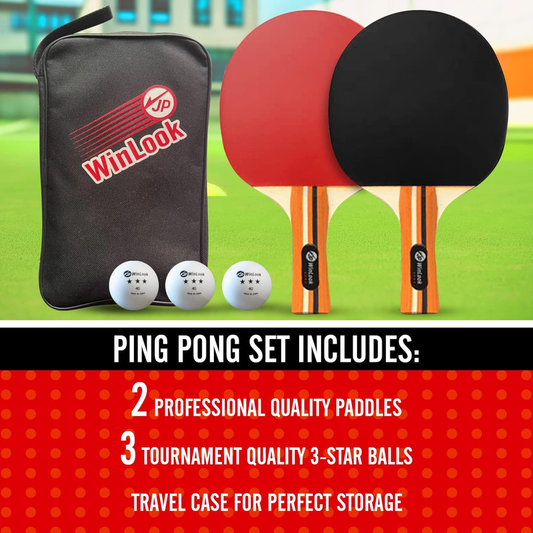 JP WinLook 2-Player Ping Pong Paddle Set with Balls & Carry Case