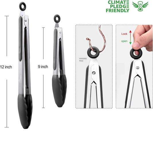 HOTEC Stainless Steel Kitchen Tongs with Silicone Tips – Set of 2