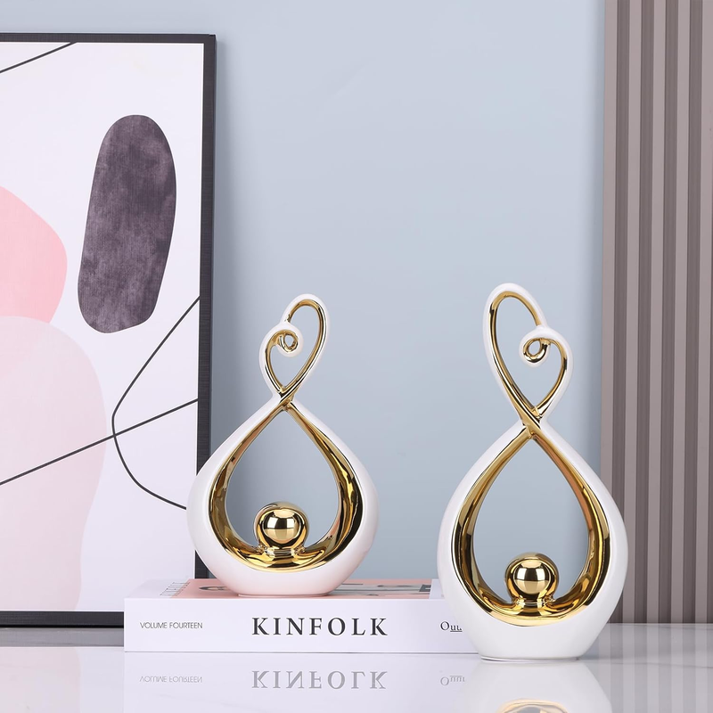 LCCCK White and Gold Ceramic Abstract Sculpture Set of 2 – Modern Home Decor