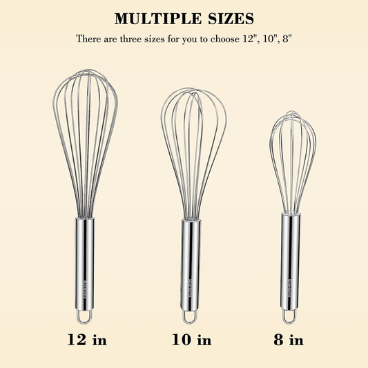 NileHome Stainless Steel Whisk Set of 3 – 8", 10", 12" Balloon Whisks