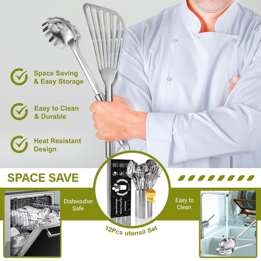 Blithely 12-Piece Stainless Steel Kitchen Utensil Set with Holder