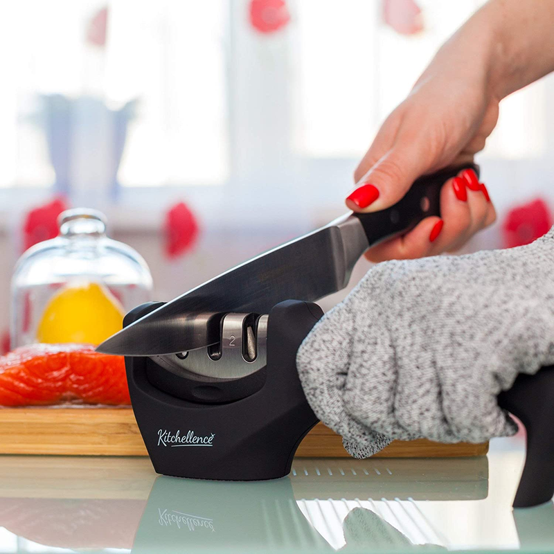 Kitchellence 3-Stage Knife Sharpener with Cut-Resistant Glove – Black