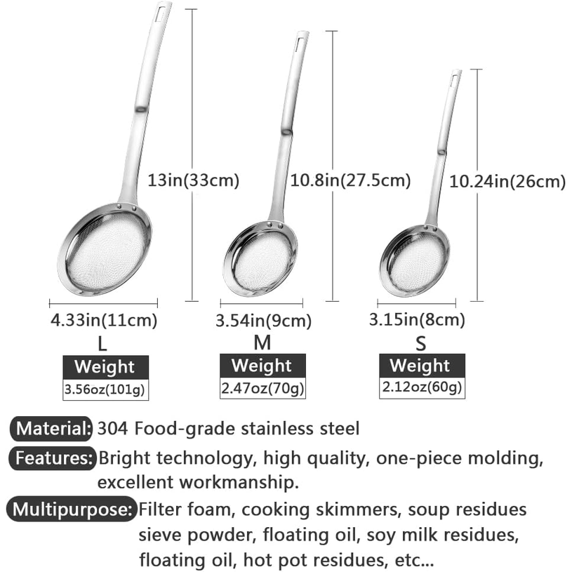 Hvanam 3-Piece Stainless Steel Fine Mesh Strainer and Skimmer Set