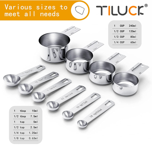 TILUCK 10-Piece Stainless Steel Measuring Cups & Spoons Set