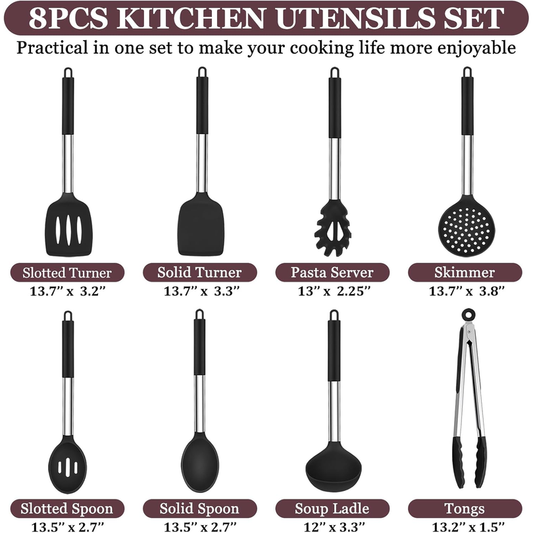 TeamFar 8-Piece Silicone Kitchen Utensil Set with Stainless Steel Handles – Black