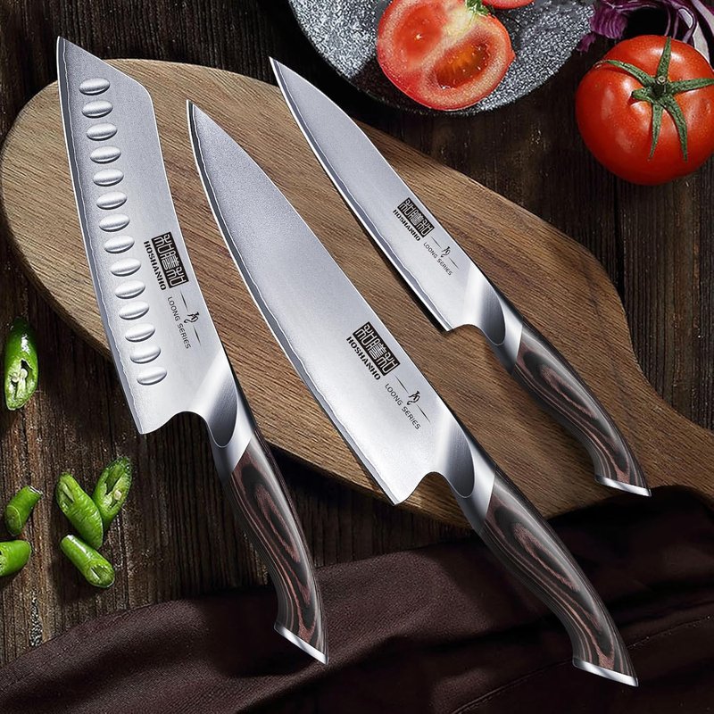 HOSHANHO 3-Piece Japanese Stainless Steel Knife Set with Pakkawood Handles