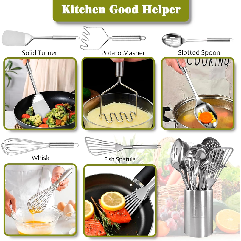 Blithely 12-Piece Stainless Steel Kitchen Utensil Set with Holder