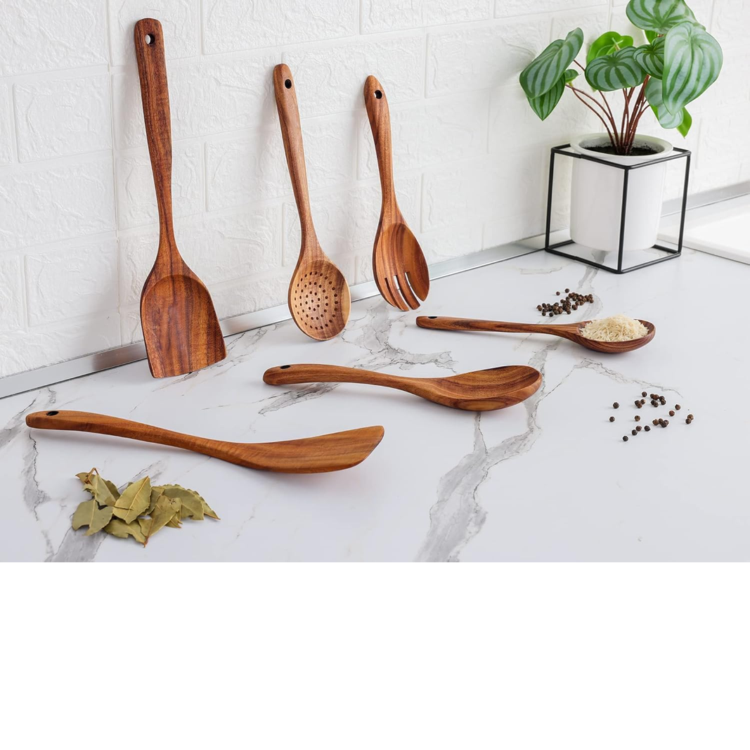 Zulay Kitchen 6-Piece Teak Wood Cooking Utensil Set – Spoons & Spatulas