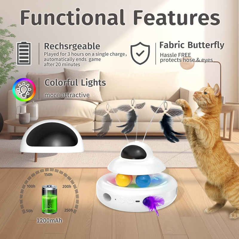 MOHAYA 4-in-1 Rechargeable Interactive Cat Toy with Feather & Butterfly