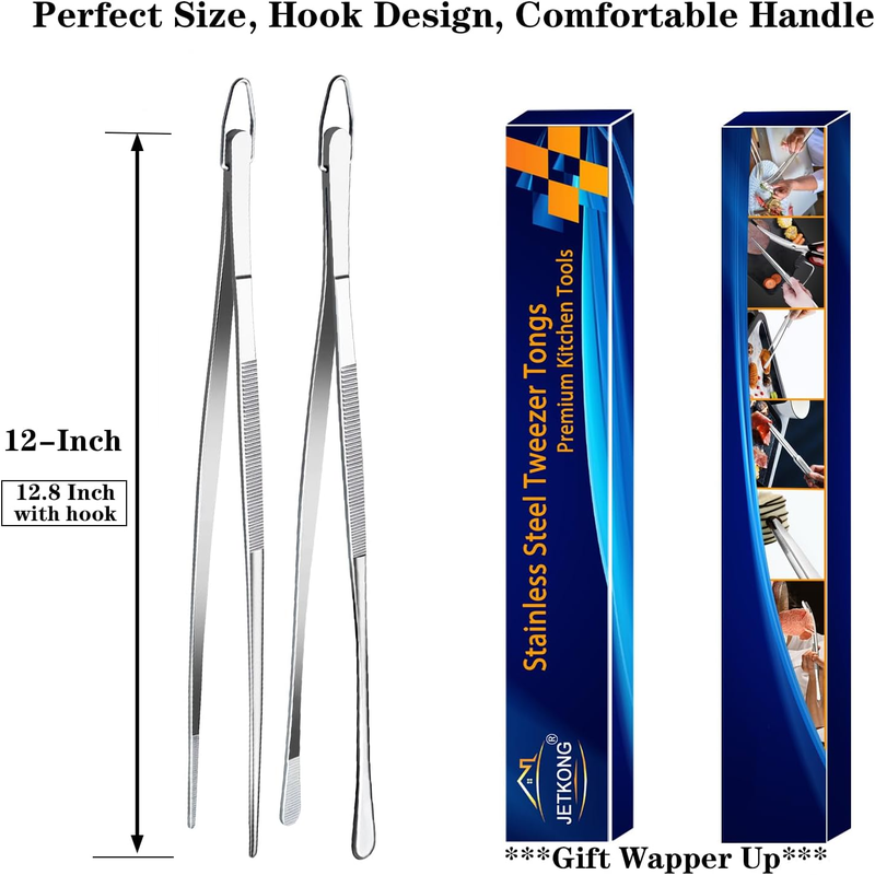 JETKONG 2-Pack 12" Stainless Steel Kitchen Tweezers – Cooking & Serving Tongs
