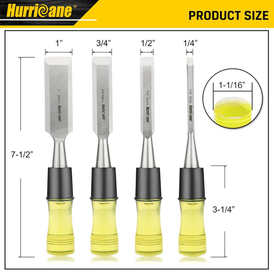 HURRICANE 4-Piece Wood Chisel Set, CR-V Steel Blades with PVC Handles