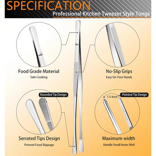 JETKONG 6-Piece Stainless Steel Cooking Tweezer Set – 12" & 6.3"