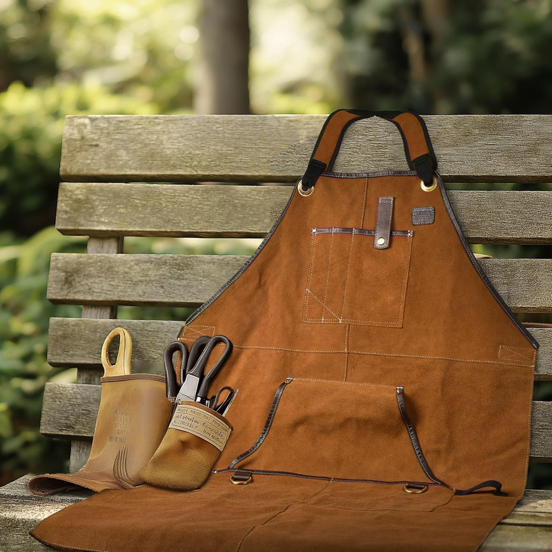 Leather Village Suede Leather Work Apron – Tan, Adjustable Size M to XXL