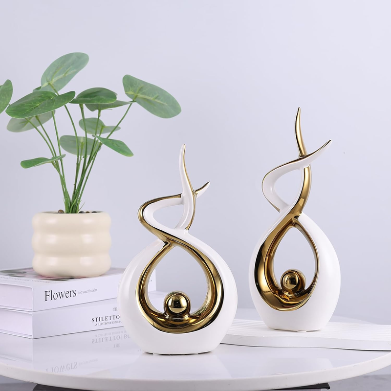 Gold and White Ceramic Abstract Sculpture – Modern Home Decor Centerpiece