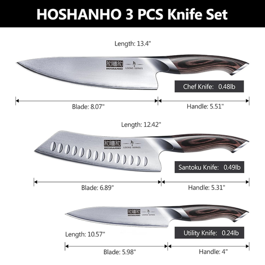 HOSHANHO 3-Piece Japanese Stainless Steel Knife Set with Pakkawood Handles