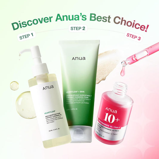 Anua 3-Step Glass Skin Beginner Set, Double Cleansing with Facial Serum, Oil Cleanser & Face Wash with Heartleaf, Daily Routine with Niacinamide, Korean Skincare Set