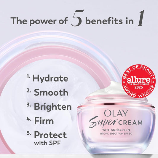 Olay Super Cream with Sunscreen SPF 30, Lightweight Face Moisturizer with Sun Protection, 5-In-1 Skin Care Benefits - Hydrating, Brightening, Firming - Niacinamide, Vitamin C, Collagen Peptide, 1.7 Oz