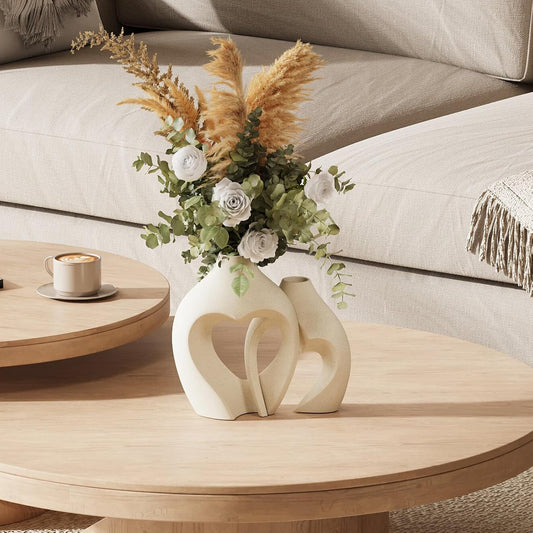 White Vases for Decor, Heart Shaped Ceramic Vase Set of 2
