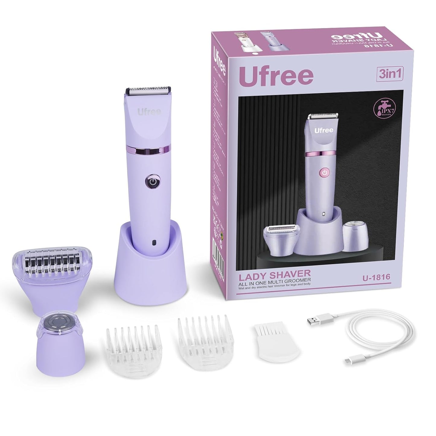 Ufree Bikini Trimmer Electric Razors for Women, Rechargeable Pubic Body Hair Trimmer Electric Shaver for Legs Body Hair, Bikini Shaver IPX7 Waterproof, Gifts for Women, Purple
