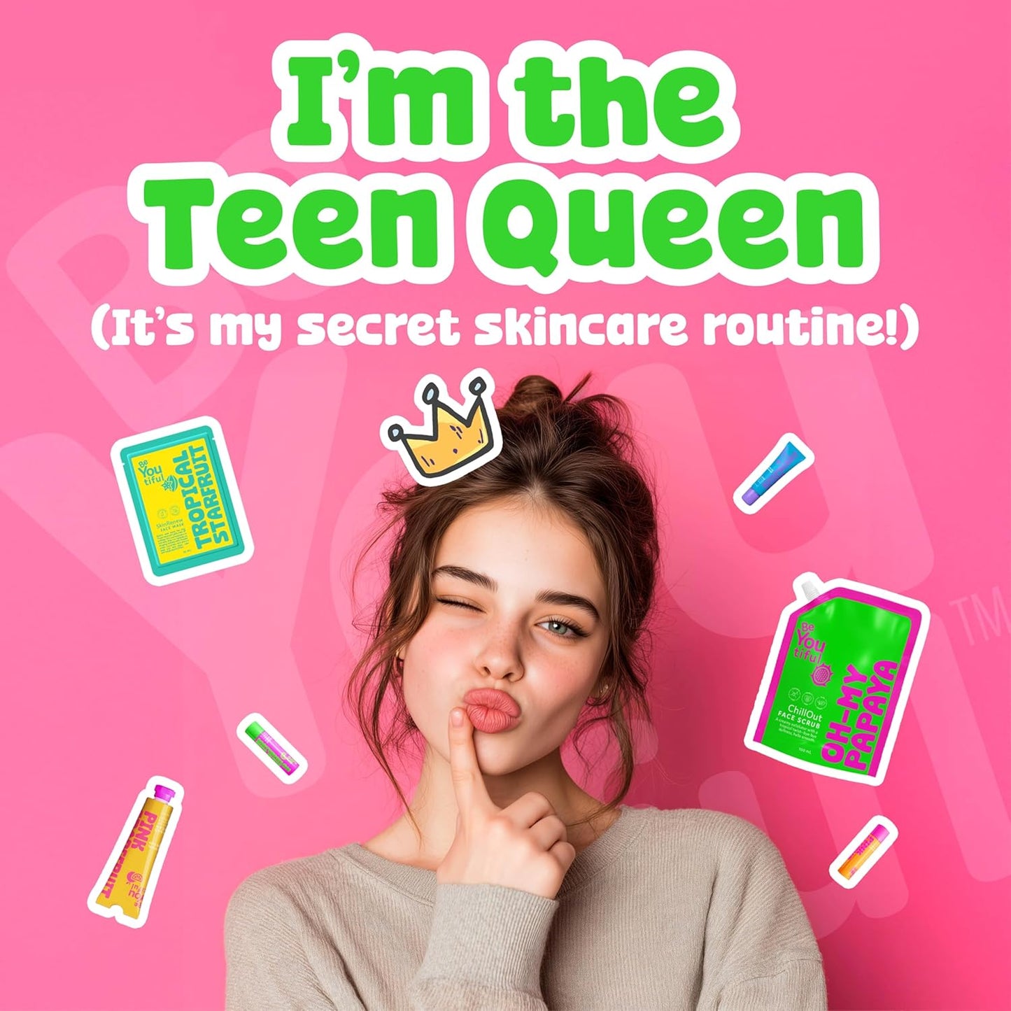 Beyoutiful 3 Step Teen Skin Care Kit, Face Wash, Face Scrub, Face Moisturizer Lotion, Skincare Routine Gift Set for Tweens and Kids in Trendy Squeeze Pouches, Vegan, for Girls and Boys