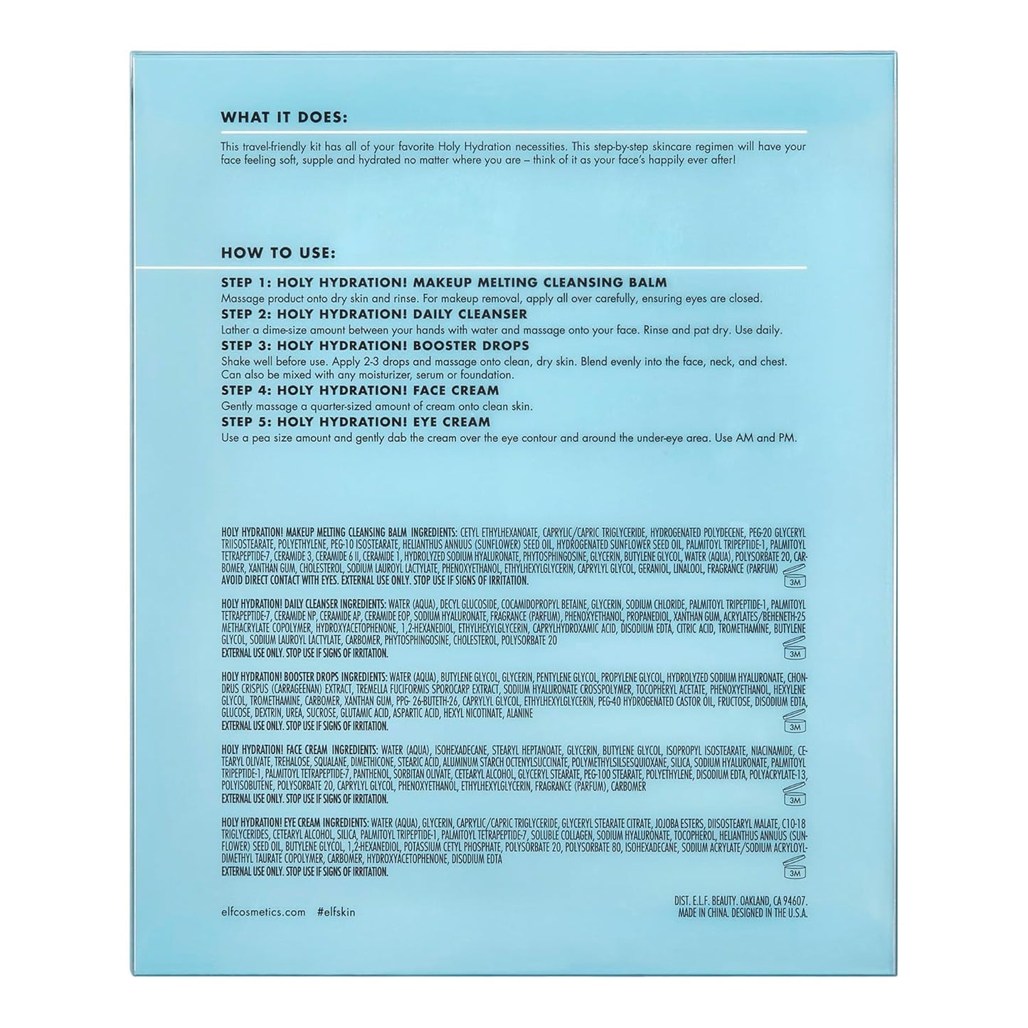 E.L.F. SKIN Holy Hydration! Hydrated Ever after Skincare Mini Kit, Cleanser, Makeup Remover, Moisturizer & Eye Cream for Hydrating Skin, Airplane-Friendly Sizes