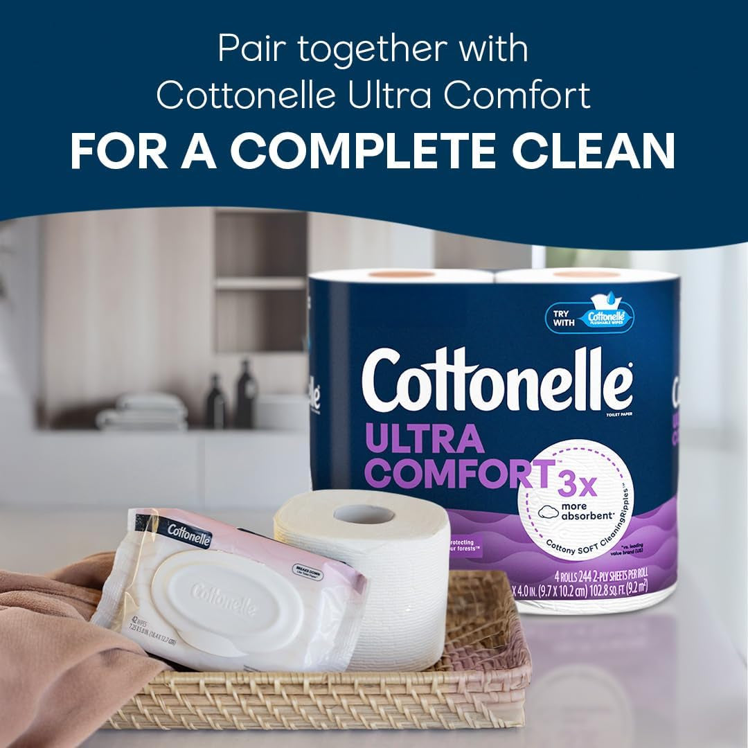 Cottonelle Fragrance Free Flushable Wet Wipes, Adult Wet Wipes, 2 Flip-Top Packs, 42 Wipes per Pack