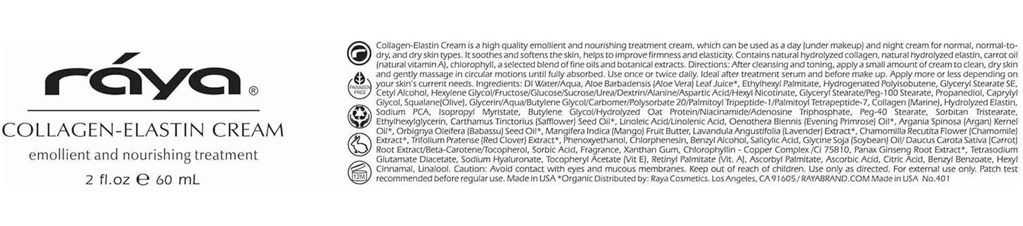 Raya Collagen-Elastin Cream (401) | Nourishing and Moisturizing Facial Treatment for Dry Skin | Helps Reduce Fine Lines and Wrinkles | Calms, Tones, Refines, and Firms