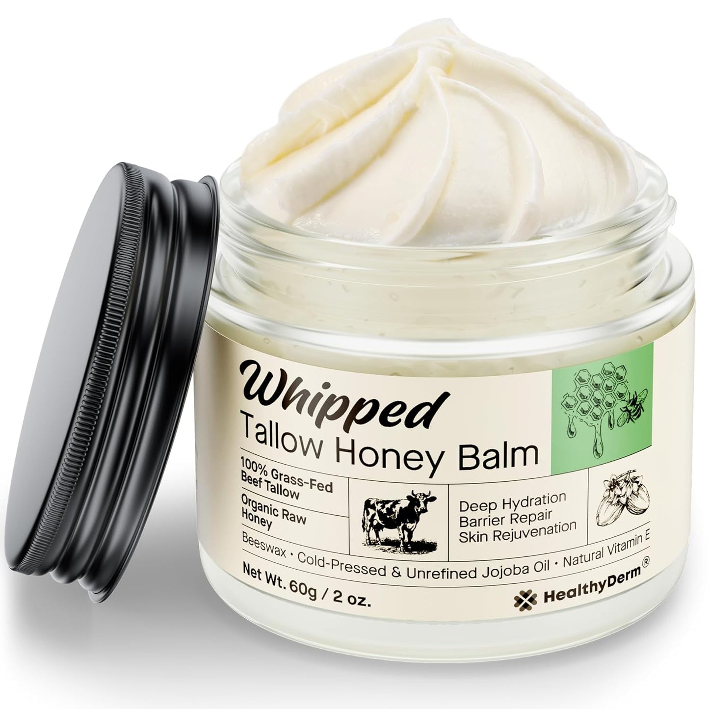 Beef Tallow Honey Balm for Skin: 100% Grass Fed Whipped Organic Moisturizer with Organic Raw Honey, Jojoba Oil, Vitamin E – Natural Face and Body Care for Mature, Dry or Sensitive Skin, 2Oz