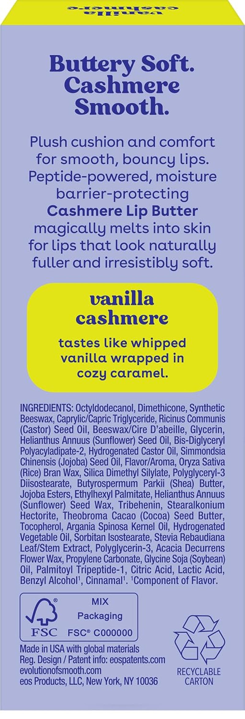 Eos Cashmere Lip Butter - Vanilla Cashmere, Plumping Peptides, Smoothing, Eos Lip Butter, Shea Butter, Lip Mask, Lip Moisturizer, Soft Lips, 0.35 Fl Oz