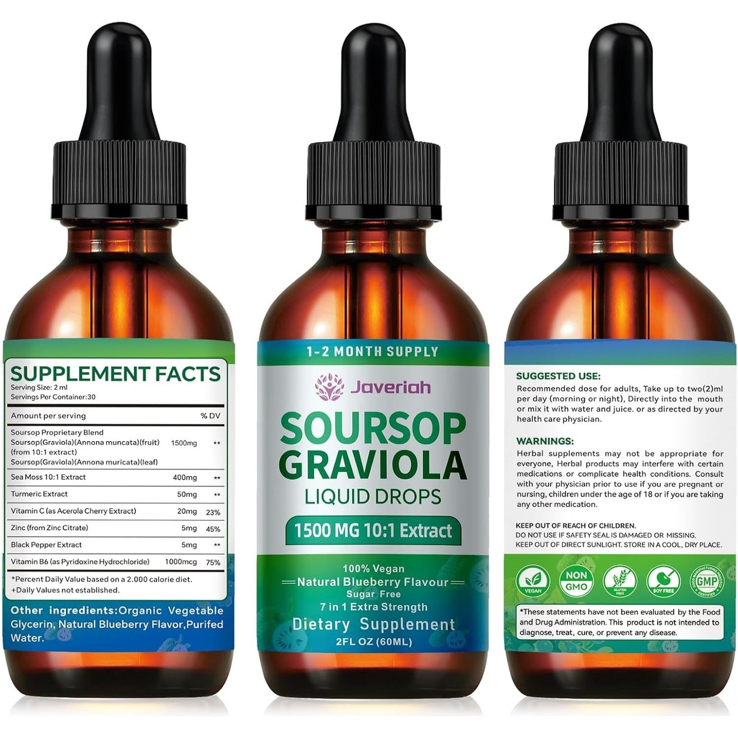 Soursop Graviola Liquid Drops Supplement with Sea Moss Extract, Soursop Bitters Liquid for Cell Support & Regeneration, Immunity, Liver, Antioxidant, Graviola Leaves Extract 2 Month Supply 60ML