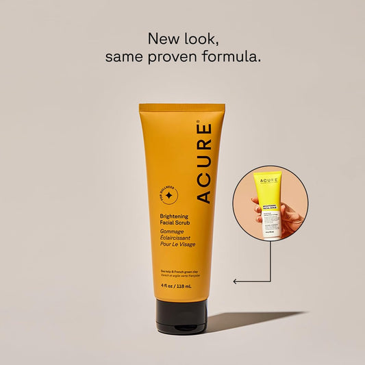 Acure Brightening Facial Scrub - Exfoliating Face Wash, Gentle Daily Scrubber & Exfoliator for Women & Men for Radiant Skin, Cleansing Wash with Sea Kelp & French Green Clay - 4 Fl Oz