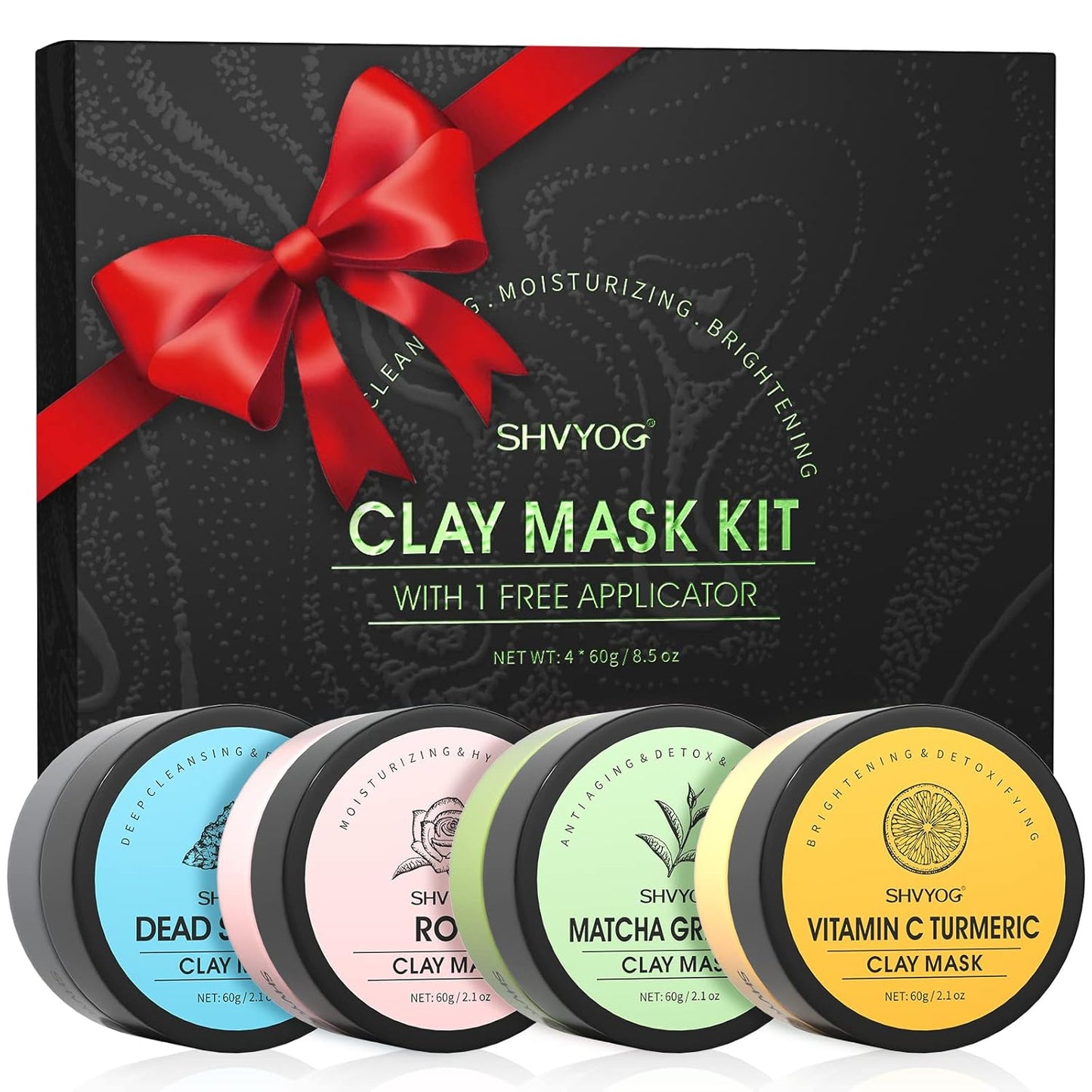 SHVYOG 4Pcs Face Mask Set - Turmeric Clay Mask, Vitamin C, Green Tea, Rose, Dead Sea Mud Mask, Skin Care Mask for Deep Cleansing, Refining Pores, Stocking Stuffers for Women, Gifts for Women- 240G