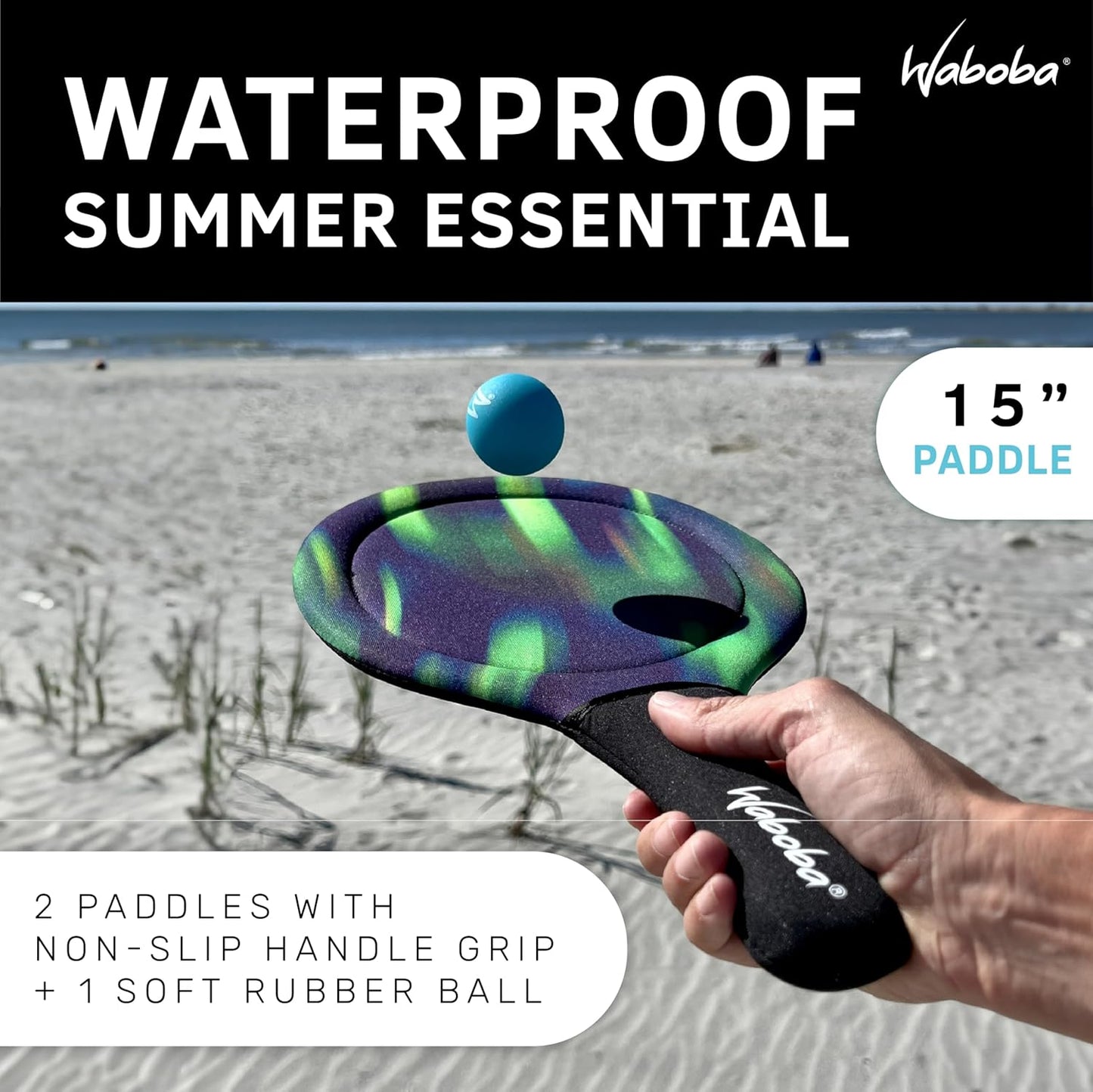 Waboba Sport Beach Pack – Includes 9 Inch Water Football, Beach Volleyball & Paddle Set – Perfect Summer Essential Bundle for Beach Games – Vacation Toys for Kids & Adults Ages 8 & up – Green