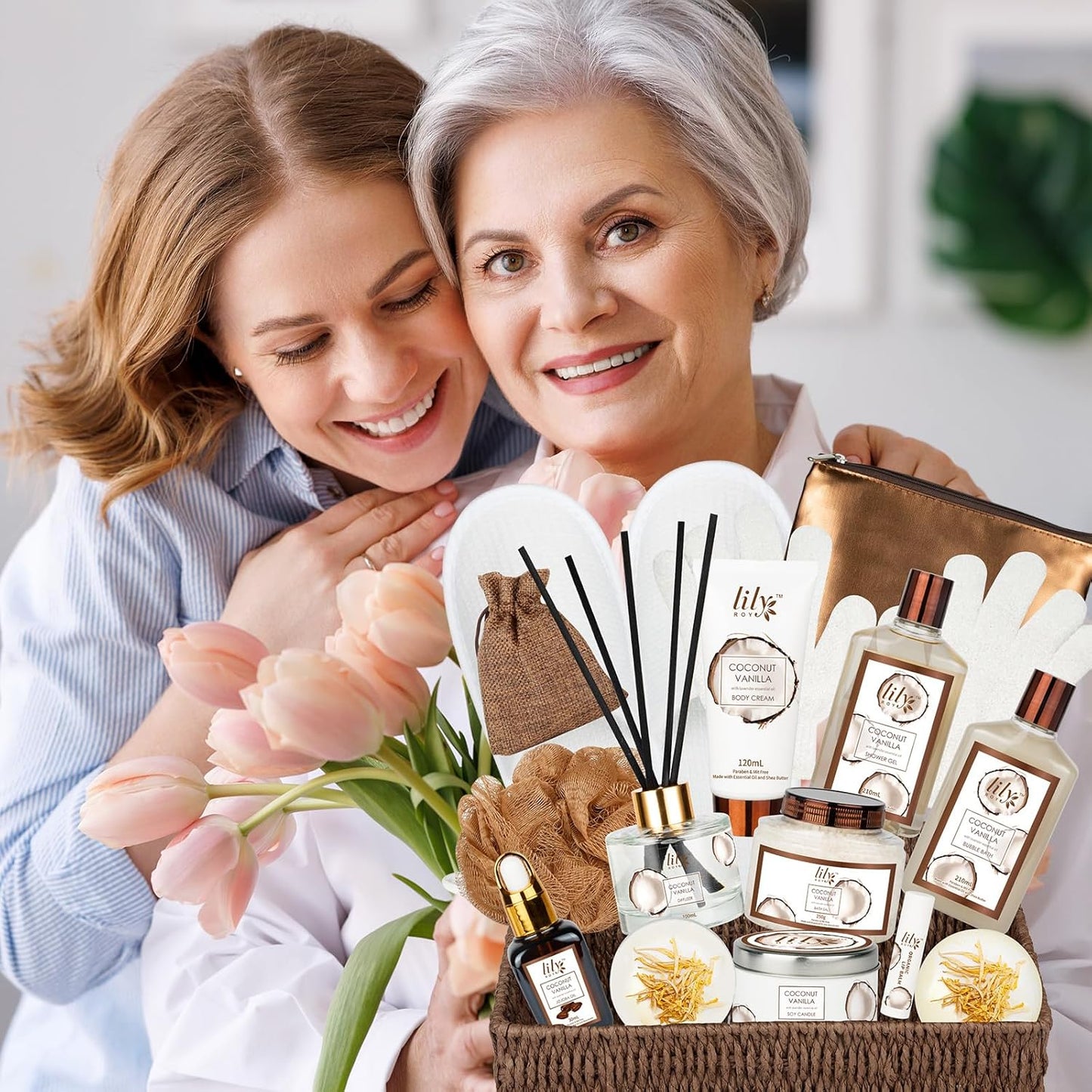 Bath and Body Gift Basket Set for Women - Coconut Vanilla Christmas Gifts for Women, Spa Gift Basket 17-Piece Bath Gift Set Self Care Gifts for Mothers Day, Fathers Day, Birthday Gifts for Her & Him