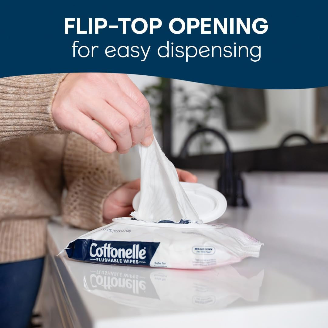 Cottonelle Fragrance Free Flushable Wet Wipes, Adult Wet Wipes, 2 Flip-Top Packs, 42 Wipes per Pack