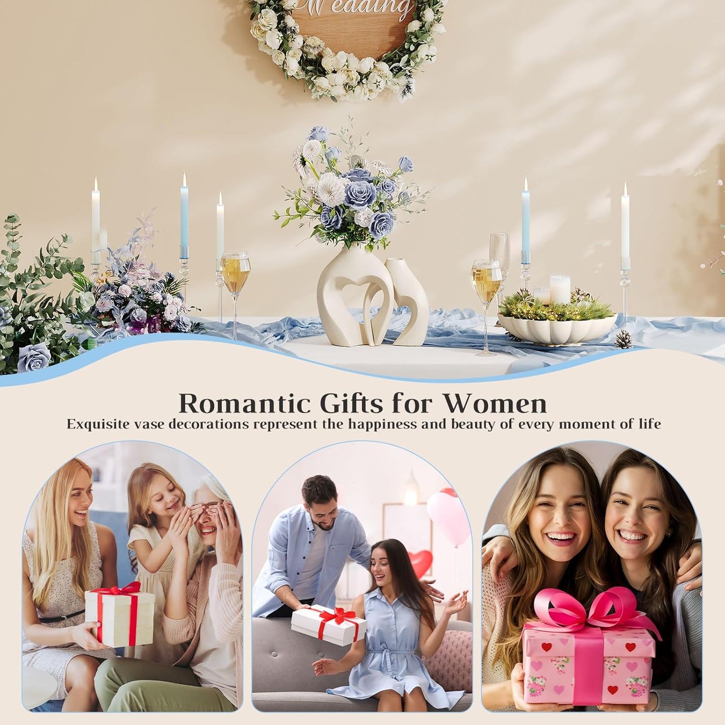 White Vases for Decor, Heart Shaped Ceramic Vase Set of 2