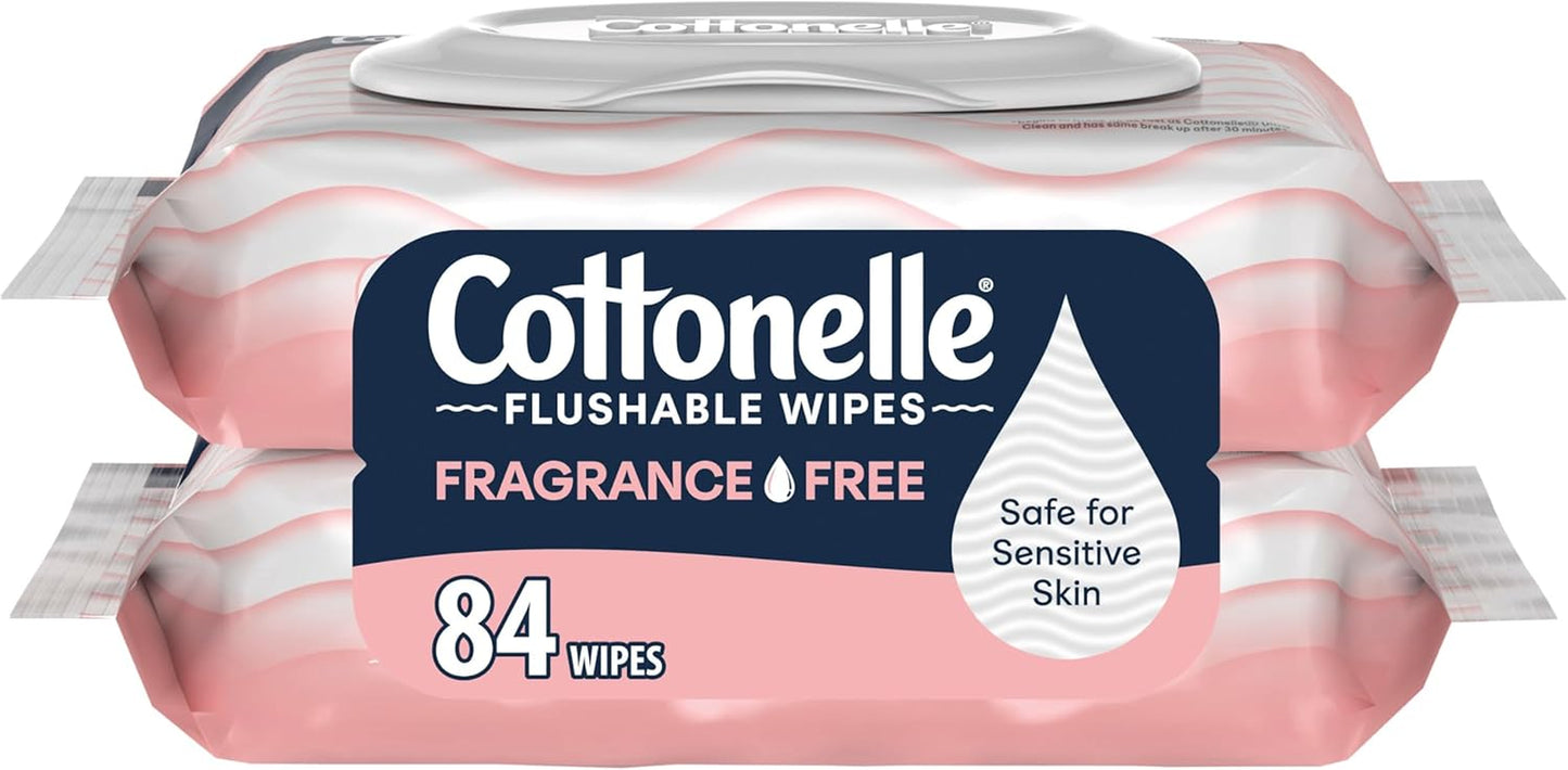 Cottonelle Fragrance Free Flushable Wet Wipes, Adult Wet Wipes, 2 Flip-Top Packs, 42 Wipes per Pack