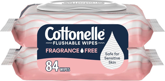 Cottonelle Fragrance Free Flushable Wet Wipes, Adult Wet Wipes, 2 Flip-Top Packs, 42 Wipes per Pack