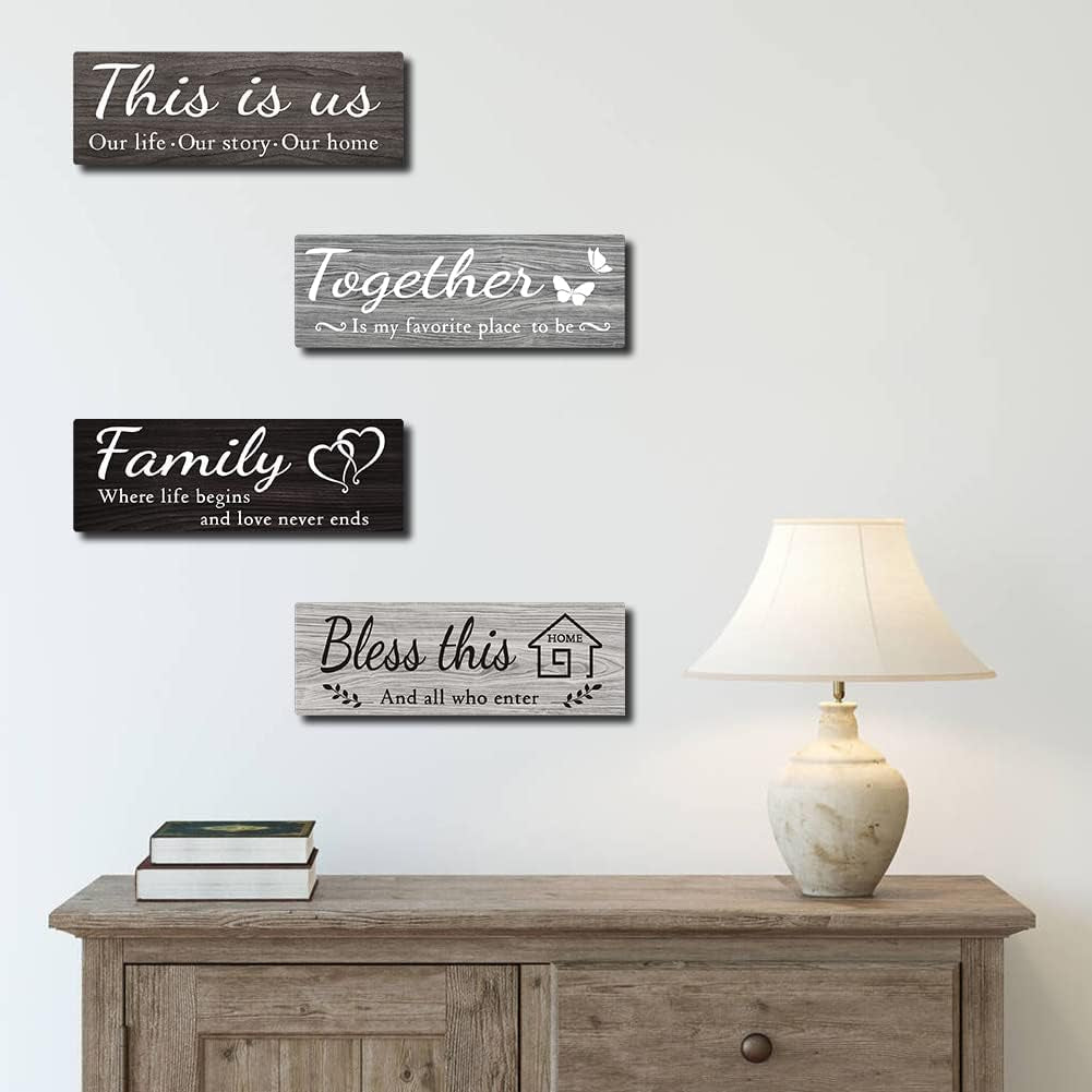 4 Pieces Home Wall Decor Signs, This Is Us/ Together/ Bless This/ Family Rustic Wooden Wall Art with Quotes for Living Room Bedroom Kitchen Farmhouse Decor,Housewarming Gifts (Grey Black White, 15 X 5.1 Inch)