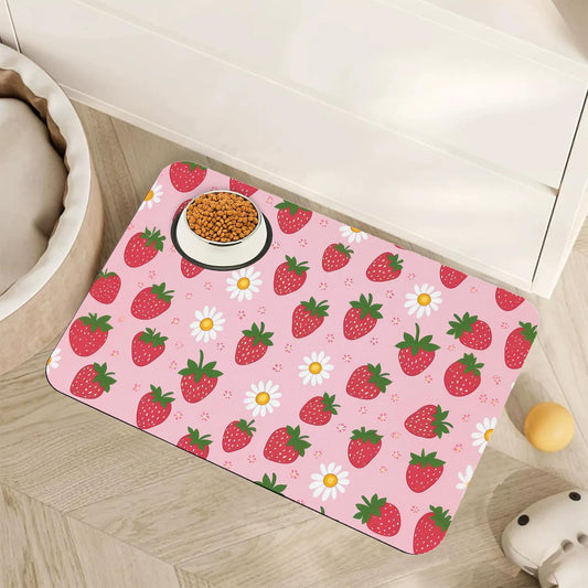 Cute Strawberry Flower Dog Cat Food Mat
