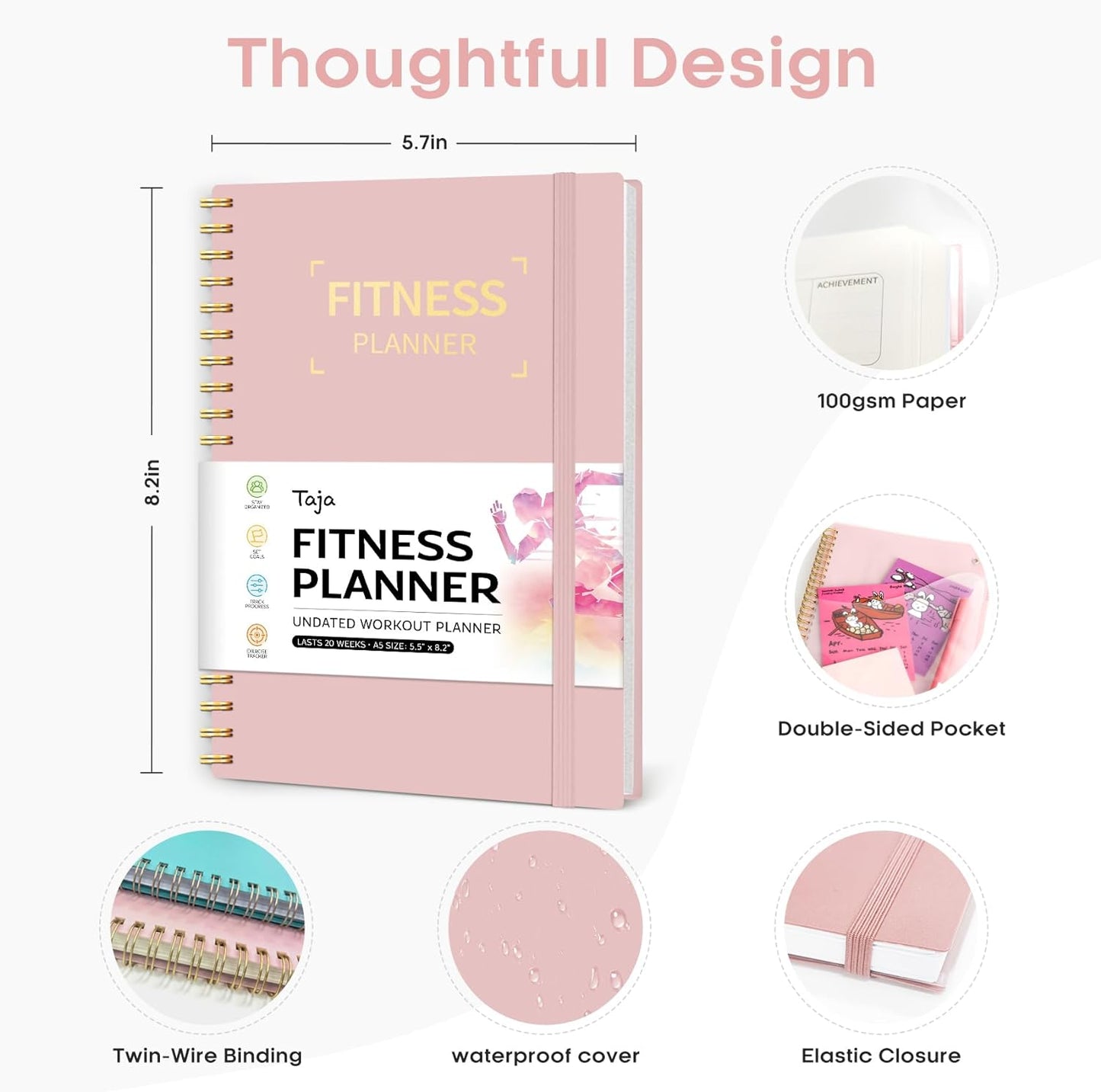 Fitness Workout Journal for Women & Men, A5(5.5" X 8.2") Workout Log Book Planner for Tracking, Progress, and Achieving Your Wellness Goals-Pink