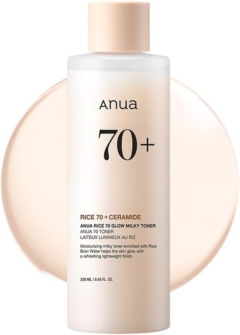 ANUA Rice 70 Glow Milky Toner, for Glass Skin, Rice Water, Niacinamide, Ceramides, Panthenol, Fragrance-Free, Non Comedogenic, Fungal Acne Safe, Korean Skin Care, 250Ml/8.45Fl.Oz.