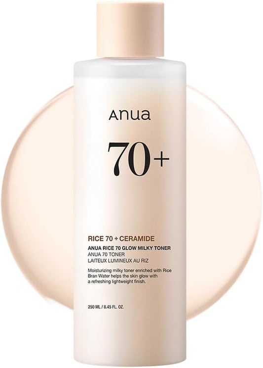 ANUA Rice 70 Glow Milky Toner, for Glass Skin, Rice Water, Niacinamide, Ceramides, Panthenol, Fragrance-Free, Non Comedogenic, Fungal Acne Safe, Korean Skin Care, 250Ml/8.45Fl.Oz.